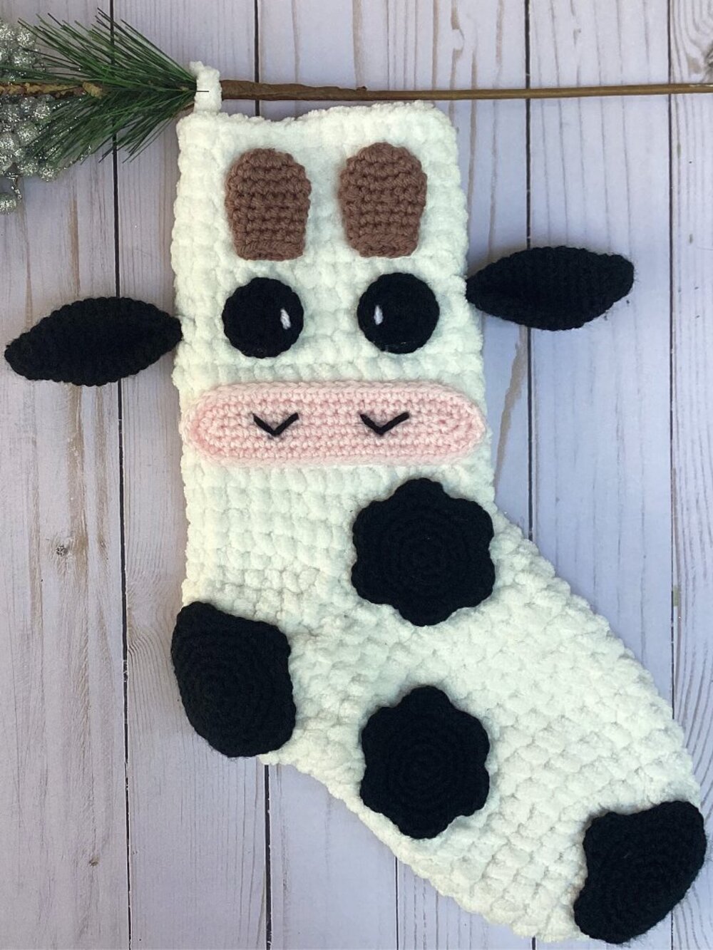 Handmade Crocheted Cow Christmas Stocking